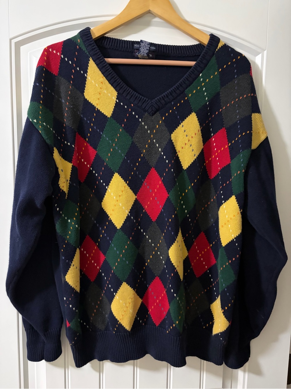 Vintage Gant Handmade V-Neck Argyle Sweater with Red, Yellow & Green Size large